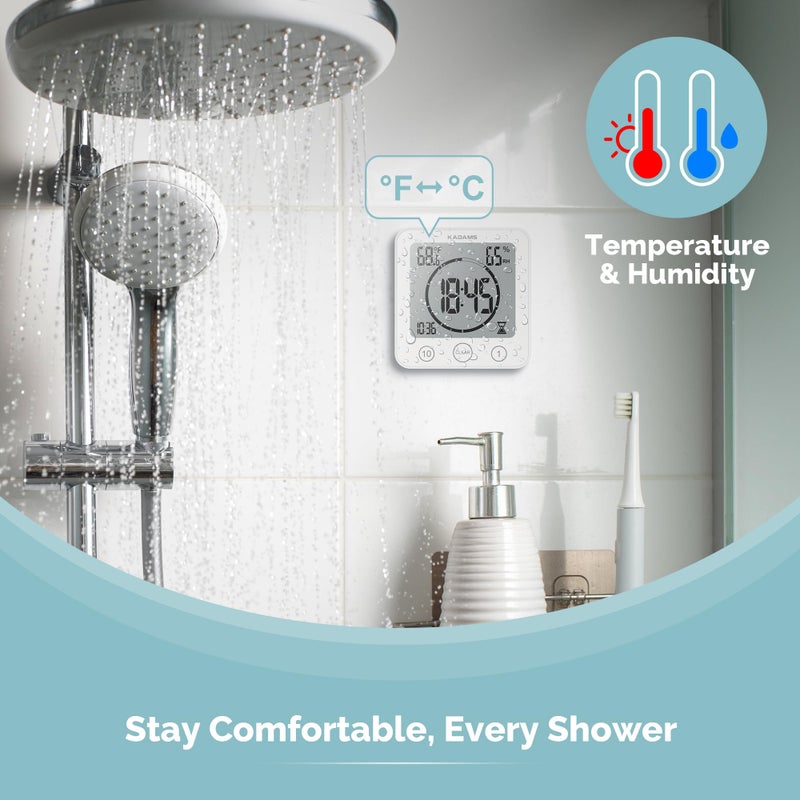 KADAMS Shower Clock Waterproof Bathroom Timer â€“ Digital Wall Clock with Countdown, Magnetic Kitchen Clock with Temperature & Humidity, Suction Cup for Kids Shower Spa Sauna Cook Bath, White - Image 4